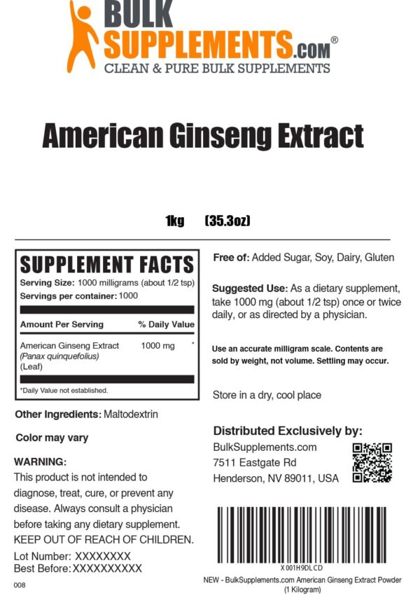 Fotografía envase BulkSupplements extracto polvo ginseng americano