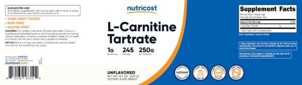 Frasco de 250 gramos de L-Carnitina Tartrato polvo Nutricost