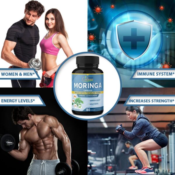 Frasco abierto cápsulas moringa Cadane ingredientes herbales