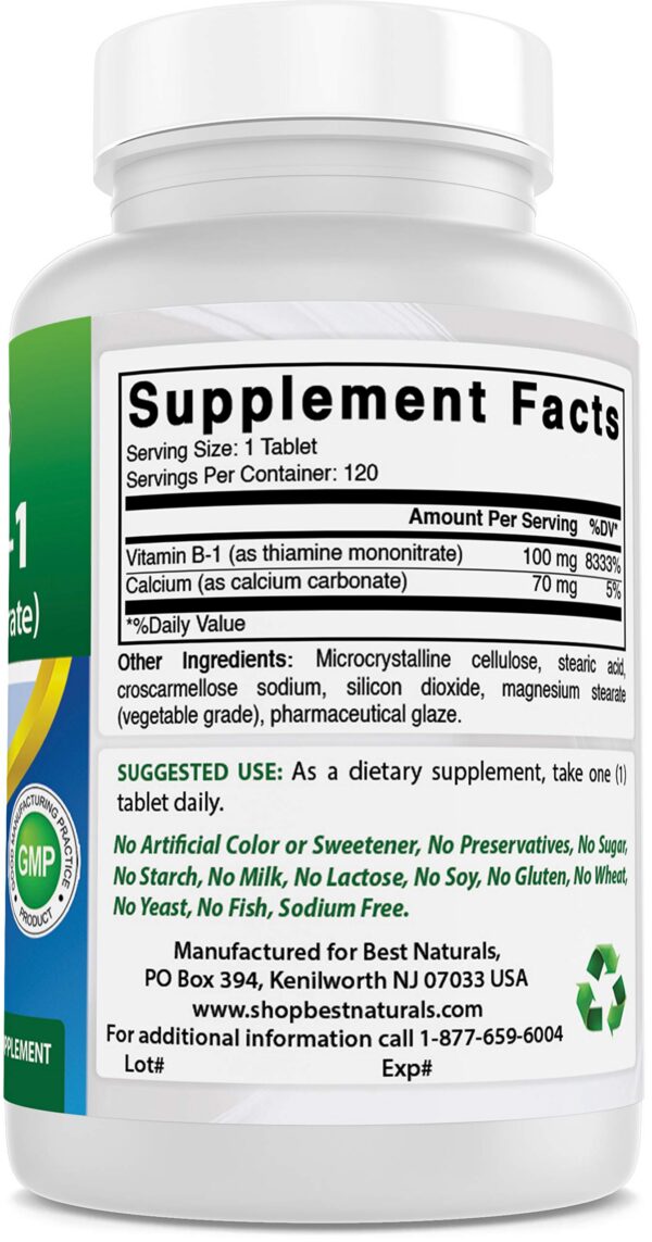 Frasco Best Naturals vitaminas B1 100mg sin gluten ni aditivos