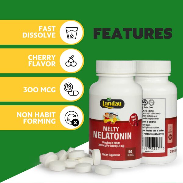 Frasco y caja Landau Melatonina Melty 250 tabletas sabor cereza