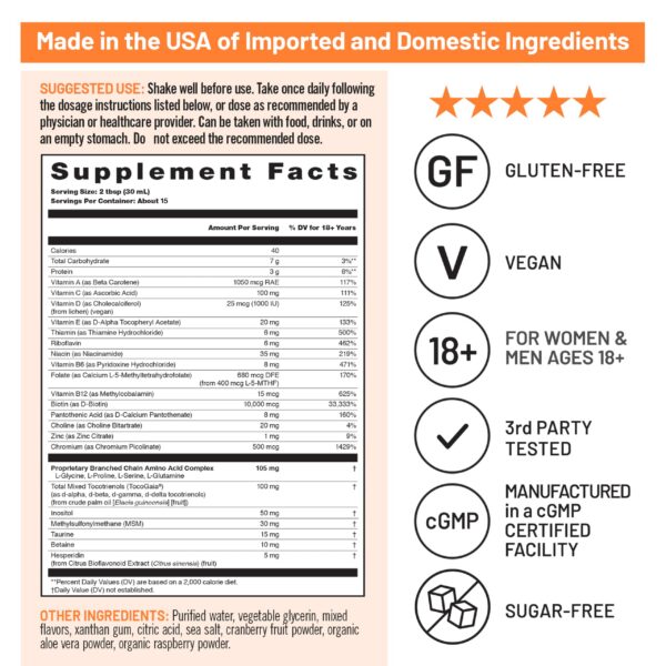Frasco y caja del multivitamínico líquido NatureWise durazno mango
