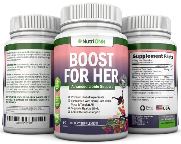 Frasco y caja del potenciador de libido femenino Boost For Her