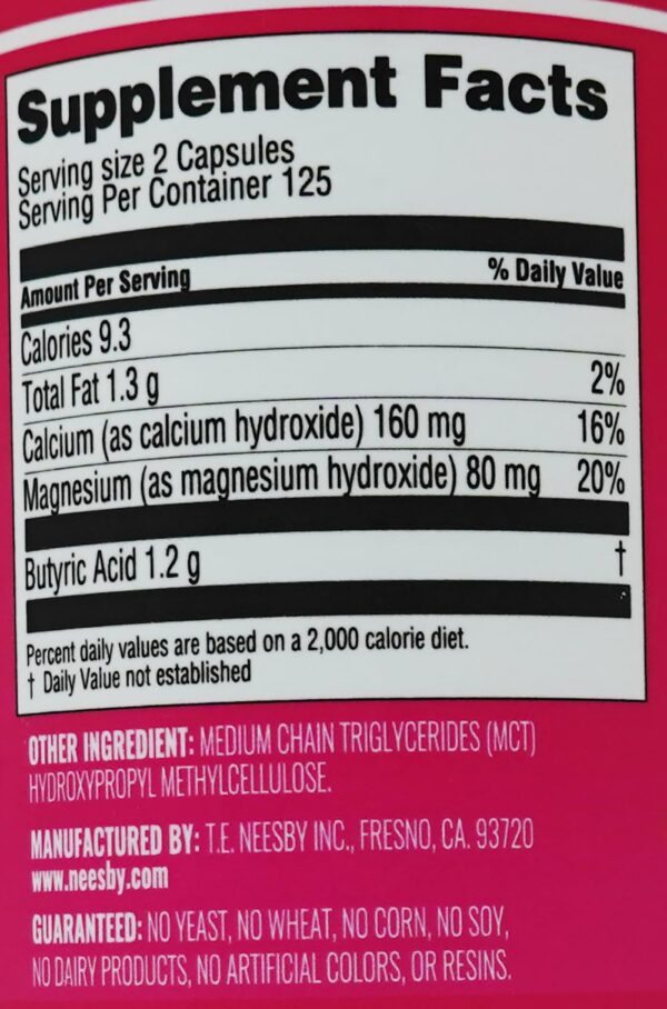 Frasco cápsulas Butyrex Calcio/Magnesio T.E. Neesby suplemento