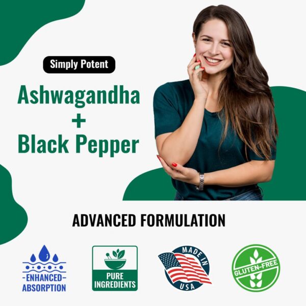 Frasco y cápsulas Simply Potent Ashwagandha para estrés