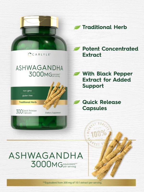 frasco y capsulas suplemento Ashwagandha Carlyle