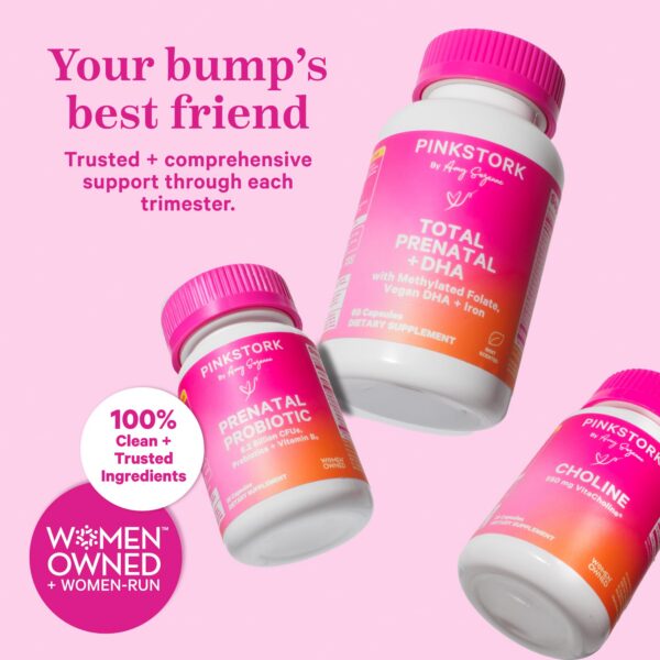 Frasco con cápsulas vitamina prenatal Pink Stork ácido-fólico