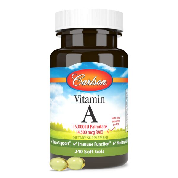 Frasco Carlson Vitamin A Palmitato con 240 cápsulas blancas blandas