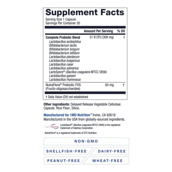 Frasco completo 1MD Nutrition Probiotics para salud intestinal y sistema inmune