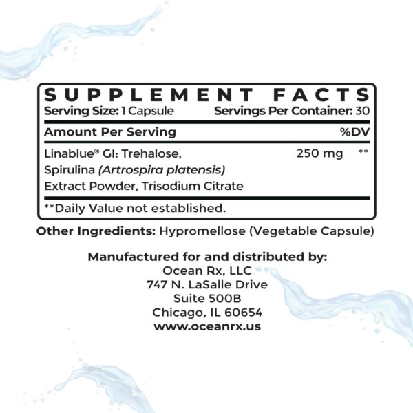 Frasco frontal de cápsulas de espirulina azul Ocean Rx