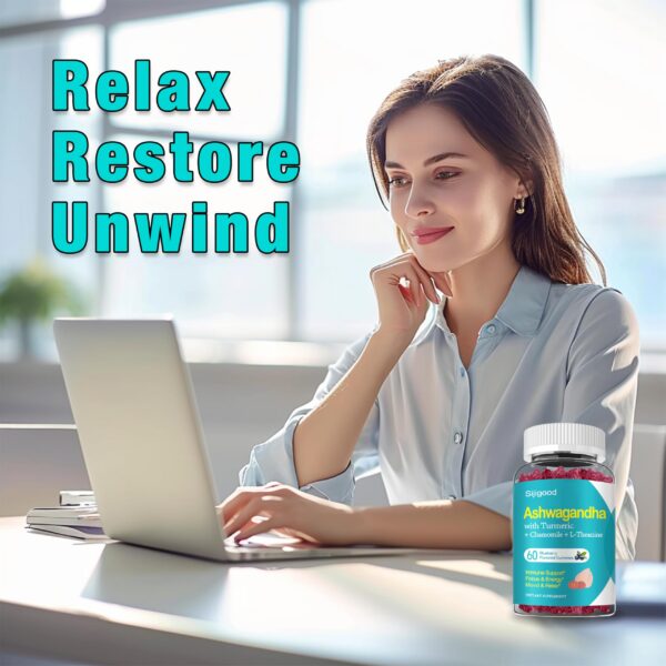 Frasco de gomitas ashwagandha para apoyo al estrés natural