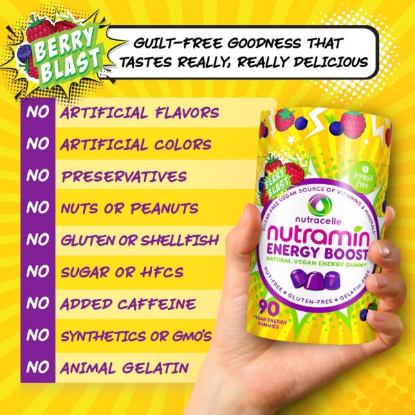 Frasco y tapa gomitas energéticas Nutramin sin azúcar ni cafeína