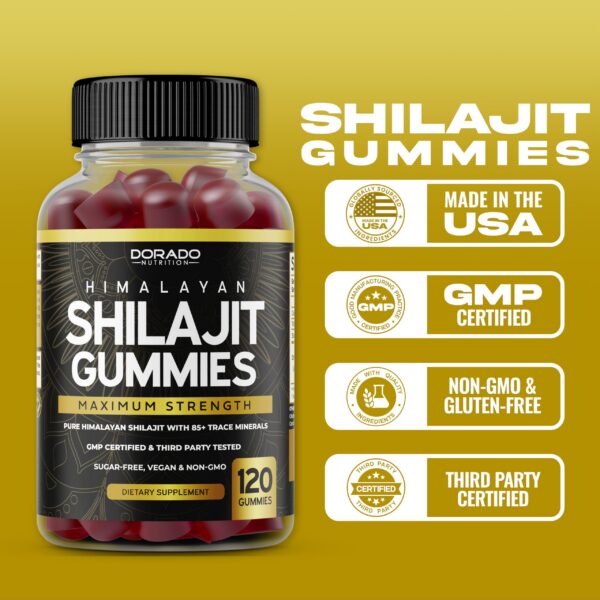 Frasco y gomitas suplemento shilajit vegano dorado