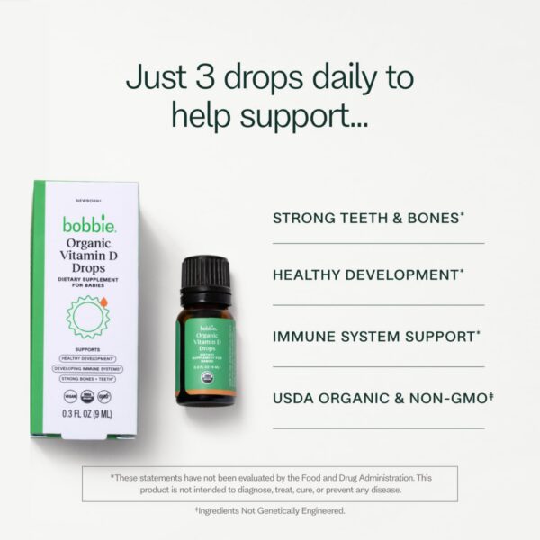 Frasco gotas orgánicas vitamina D Bobbie para desarrollo infantil
