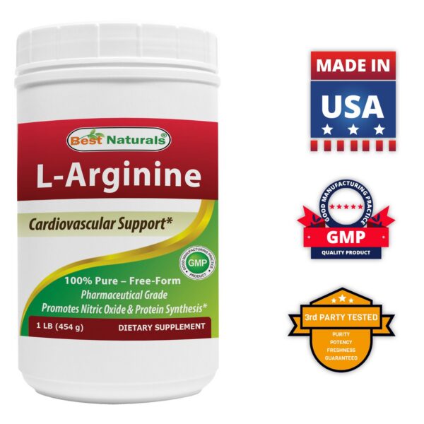 Frasco de L-Arginina Best Naturals con fondo blanco
