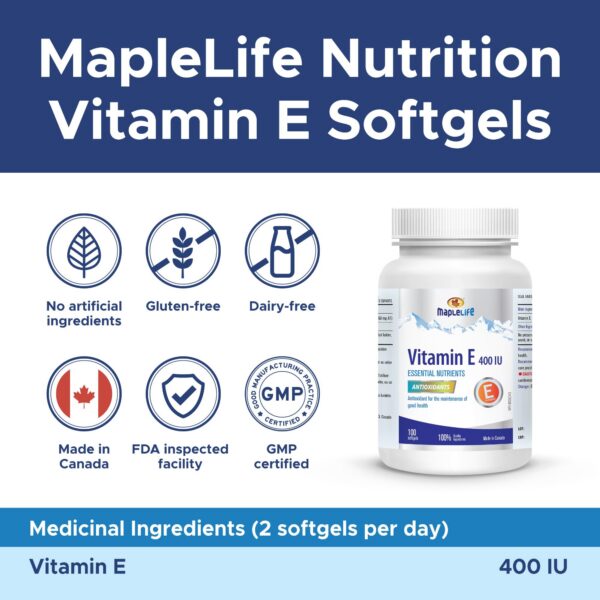 Frasco MapleLife Vitamina E 400 UI 100 cápsulas blandas vista frontal