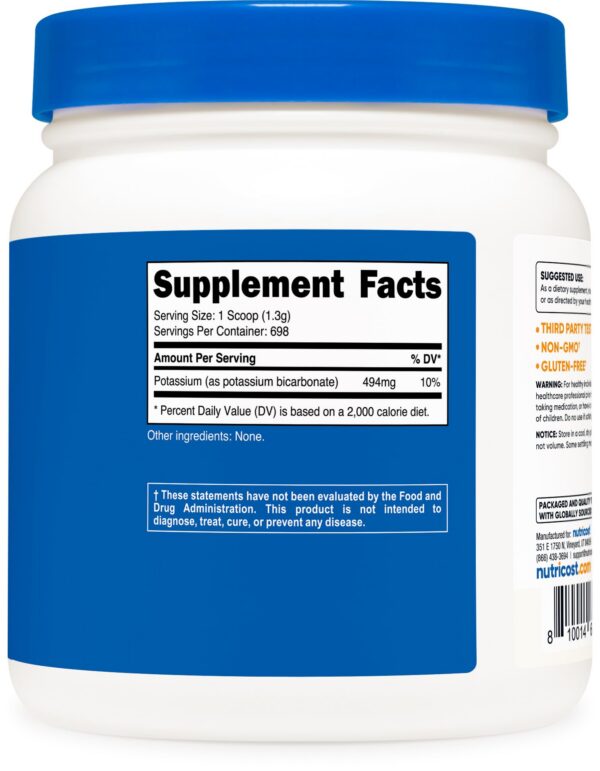Frasco polvo Nutricost bicarbonato potasio 2 lb con 698 porciones