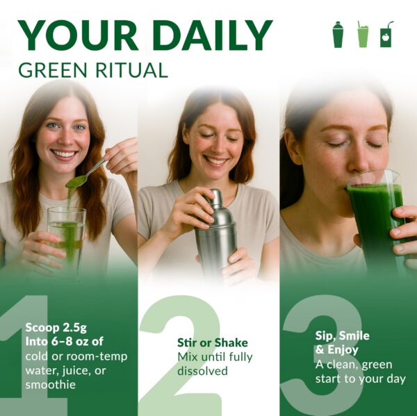 Version 1.0.0 Frasco con polvo de pasto de trigo orgánico sobre fondo blanco