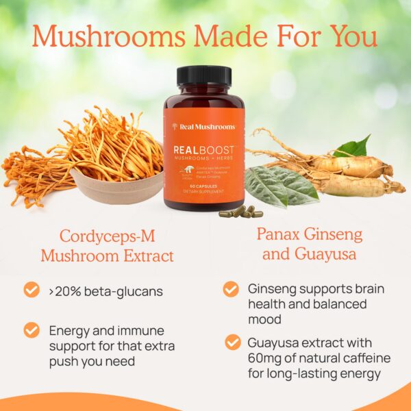 Frasco Real Mushrooms RealBoost con cápsulas naturales y veganas