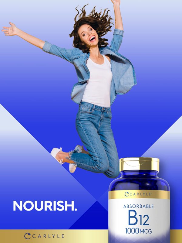Frasco y softgels vitamina B12 absorción rápida 1000 mcg Carlyle