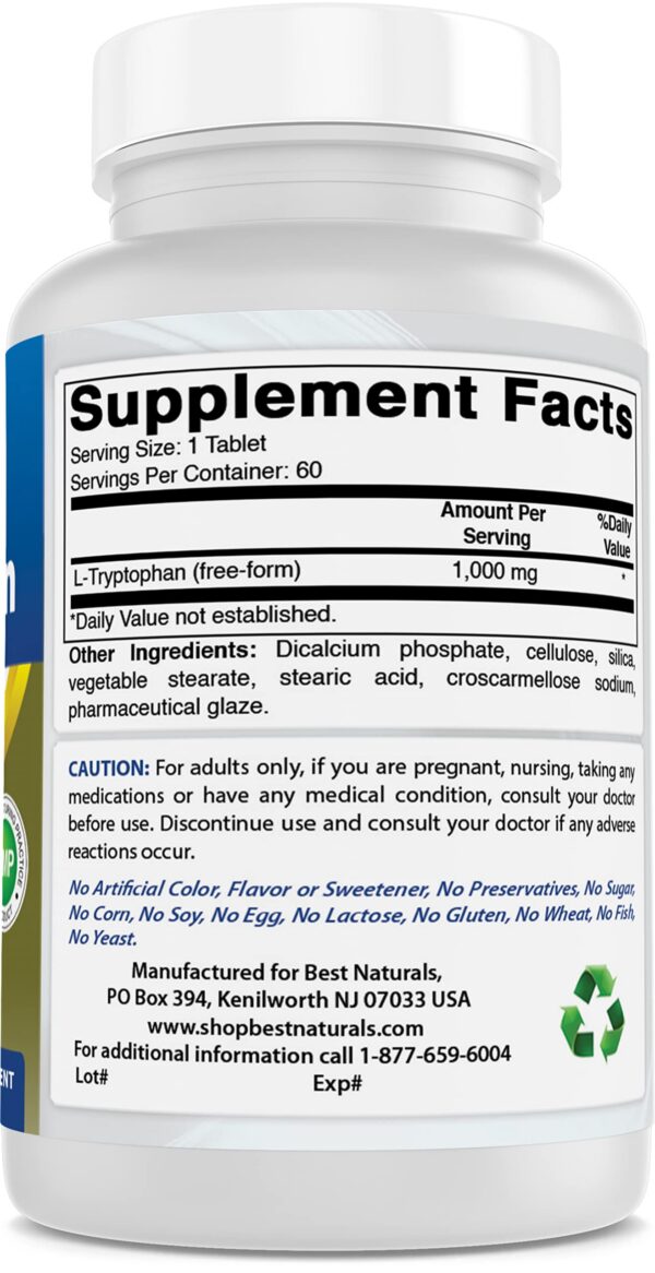 Tabletas L-Triptófano 1000mg Best Naturals sin gluten