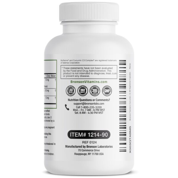 Frasco de suplemento Bronson cúrcuma extra fuerza 90 cápsulas