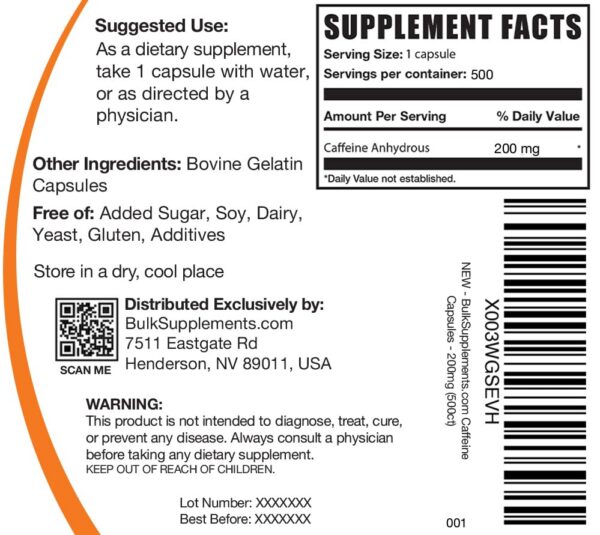 Frasco suplemento BulkSupplements cafeína 200 mg 500 cápsulas