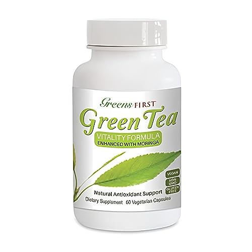 Frasco de suplemento Greens First con base en té verde y moringa