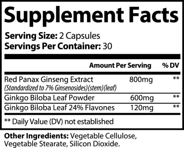 Frasco suplemento Minimo Nutrition Ginkgo Biloba más Ginseng cápsulas naturales