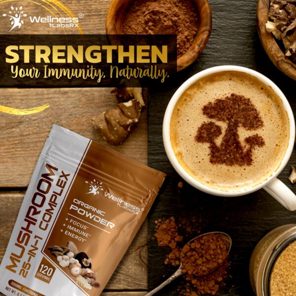 Frasco suplemento polvo de hongos WELLNESS LABSRX 25 en 1