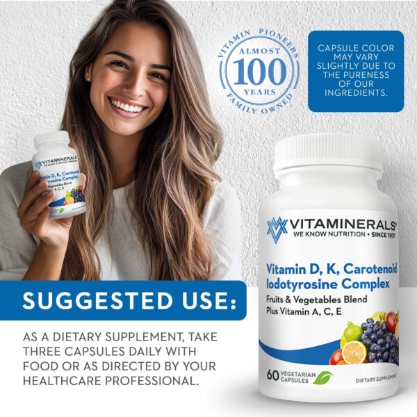 Frasco suplemento con vitaminas d3 k complejo y mezcla frutas verduras