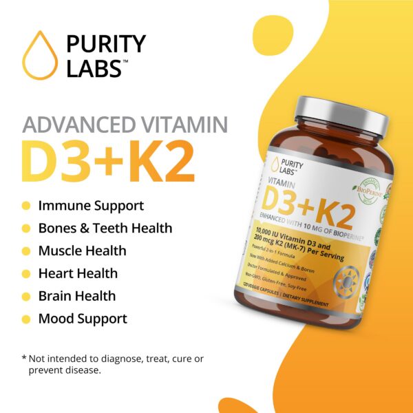 Frasco con suplemento vitamina D3 K2 Purity Labs 120 cápsulas