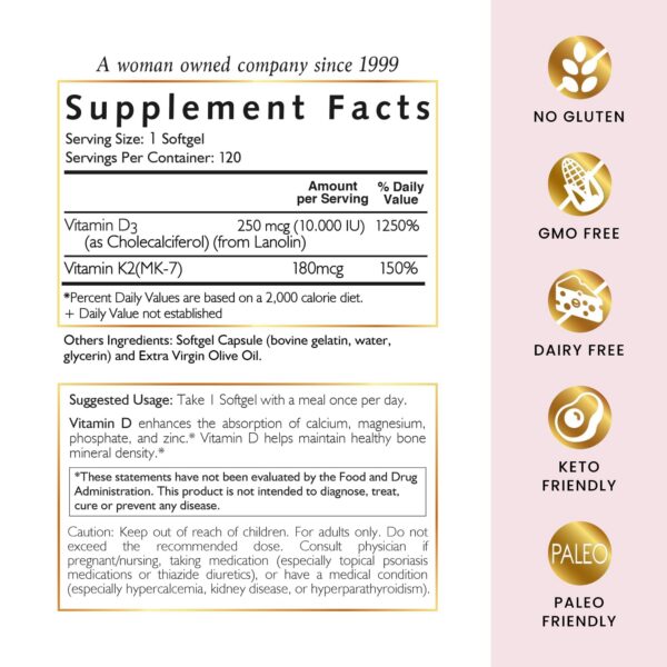 Frasco de vitamina D3+K2, sin OMG ni gluten, para salud ósea.