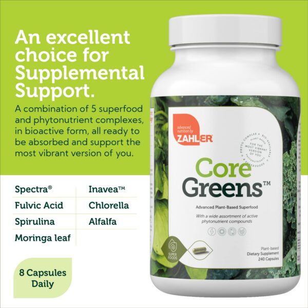 Frasco Zahler Core Greens con cápsulas superalimentos