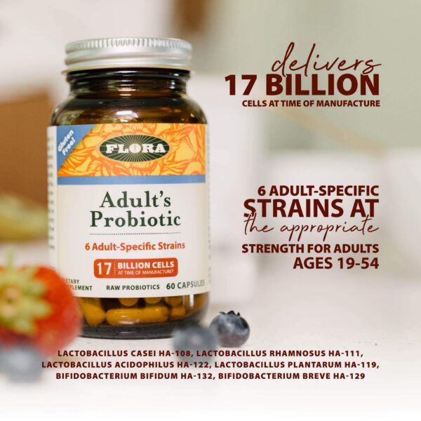 Frasco con probiótico Flora beneficios para intestinos y digestión