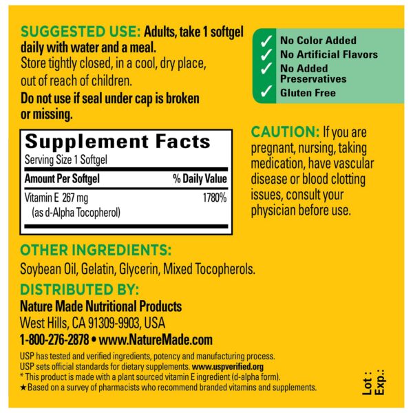 Frontal botella Nature Made Vitamina E 100 cápsulas antioxidante