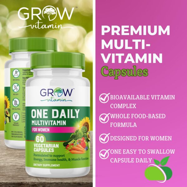 Frutas y verduras orgánicas en multivitaminas grow vitamin mujer