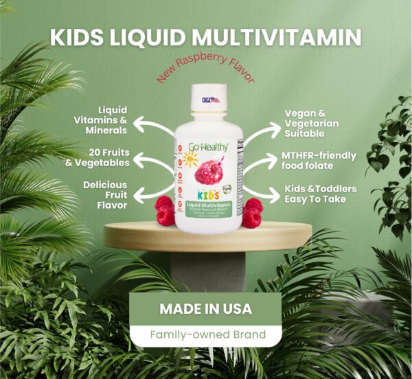 Version 1.0.0 Paquete y botella de Go Healthy Kids sobre fondo blanco