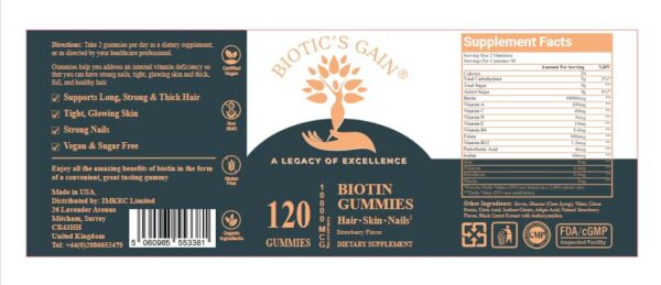 Gomitas biotina 10000mcg veganas sin azúcar Biotic's Gain
