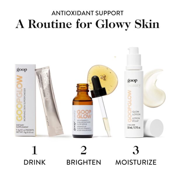 goop Morning Skin Drink Mix vaso con bebida