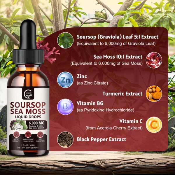 Gotas Líquidas de Guanábana Graviola GORNVB mostradas con ingredientes