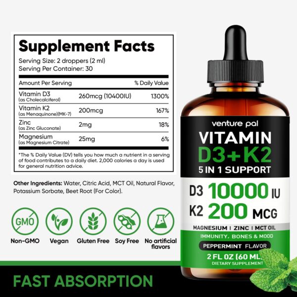 Gotas vitamina d3 k2 venture pal sabor menta para huesos y sistema inmunitario