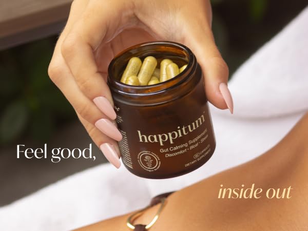 Frasco amarillo con cápsulas Happitum para malestar intestinal.