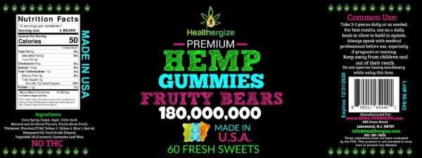 Etiqueta con lista de ingredientes Healthergize Hemp Gummies