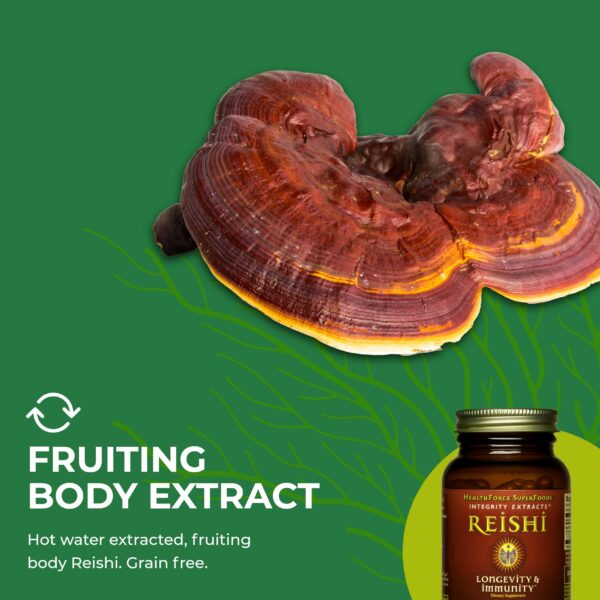 Detalle de cápsulas veganas de Reishi en envase HealthForce SuperFoods