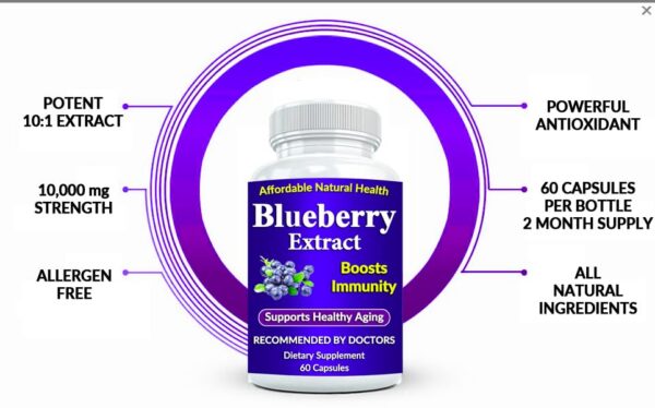 Frasco y cápsulas de Heavens Gate Blueberry Extract