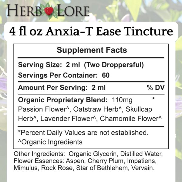 Etiqueta lateral tinctura Herb Lore Anxia-T Ease para bienestar emocional