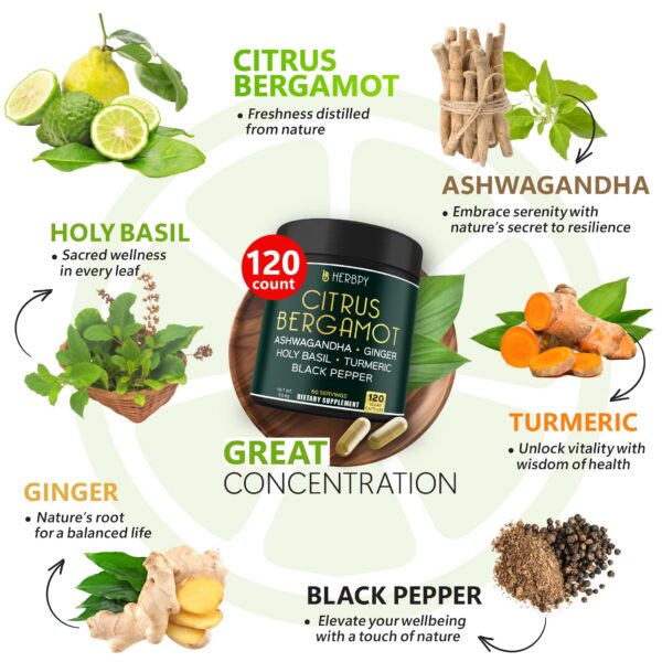 Detalle paquete suplemento natural Herbpy curcumina y bergamota cítrica