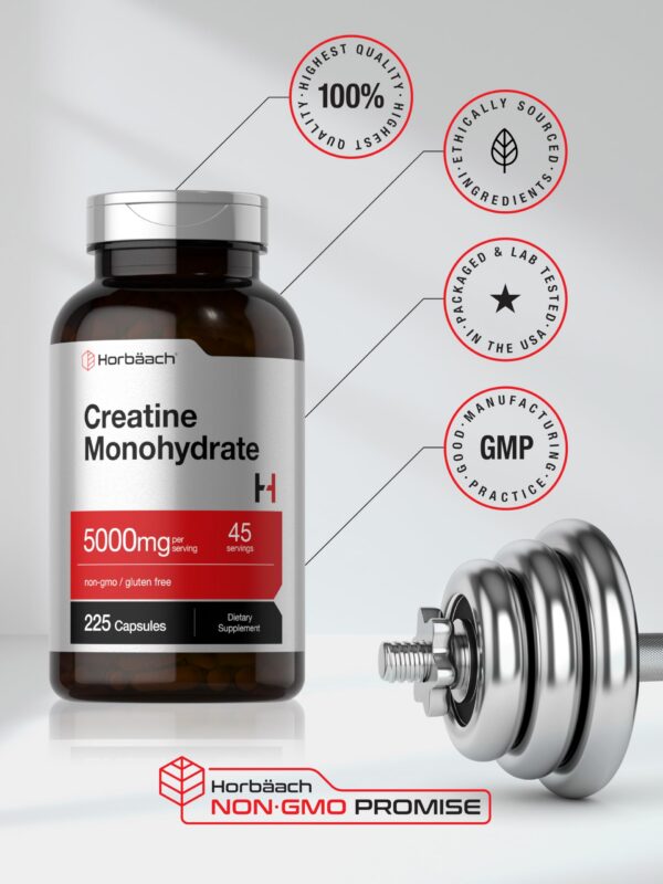Frasco con etiqueta Horbaach Creatine Monohydrate