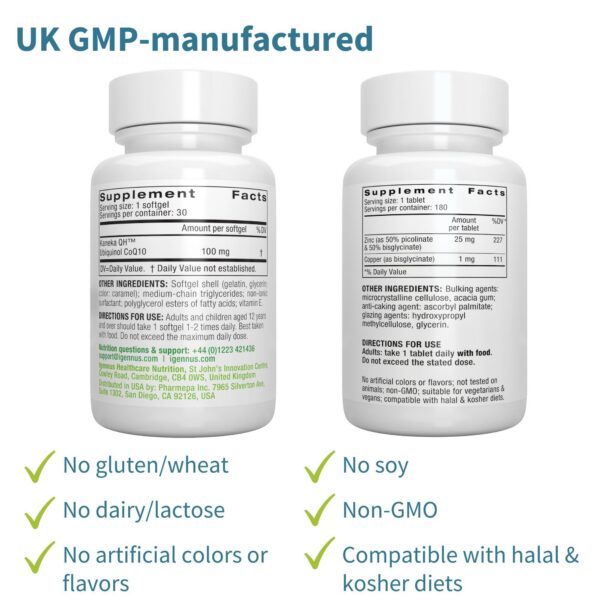 Detalle de zinc quelado y CoQ10 en empaque